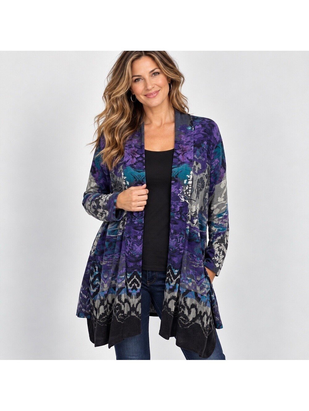 Chico’s Size 3 XL Cardigan Purple Teal Abstract Print Open Front Lagenlook Boho